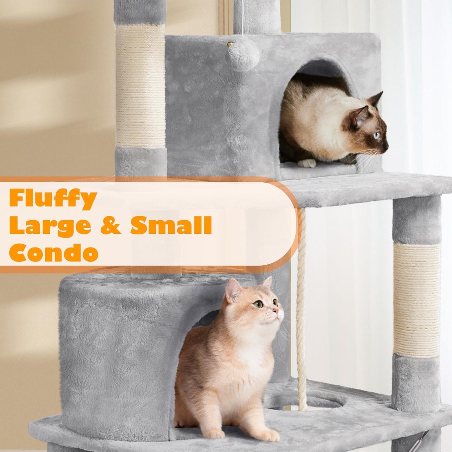 Yaheetech 62.5" Cat Tree Tower – Light Gray  Give your cat a cozy, multi‑level space to climb, scratch, and relax. This sturdy tower features sisal scratching posts, a plush hammock, and a soft perch perfect for lounging or window watching. Its neutral light‑gray design blends easily with any home décor while keeping your kitten entertained and comfortable.