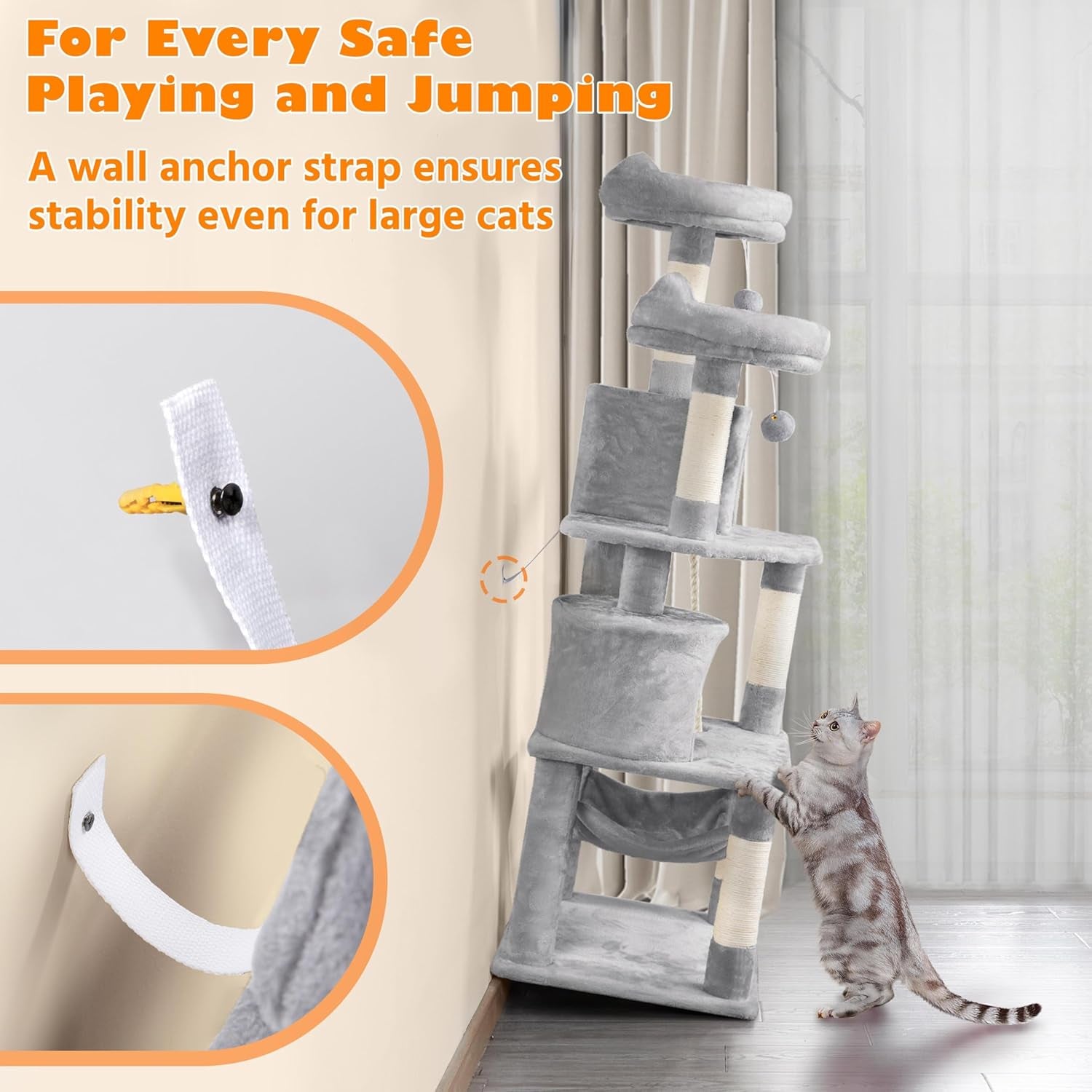 Yaheetech 62.5" Cat Tree Tower – Light Gray  Give your cat a cozy, multi‑level space to climb, scratch, and relax. This sturdy tower features sisal scratching posts, a plush hammock, and a soft perch perfect for lounging or window watching. Its neutral light‑gray design blends easily with any home décor while keeping your kitten entertained and comfortable.