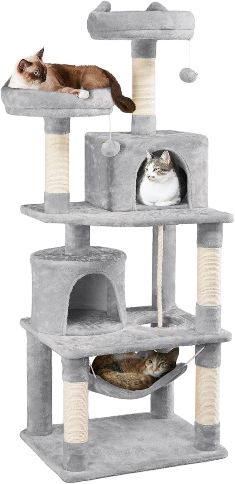 Yaheetech 62.5" Cat Tree Tower – Light Gray  Give your cat a cozy, multi‑level space to climb, scratch, and relax. This sturdy tower features sisal scratching posts, a plush hammock, and a soft perch perfect for lounging or window watching. Its neutral light‑gray design blends easily with any home décor while keeping your kitten entertained and comfortable.