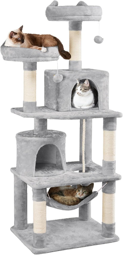 Yaheetech 62.5" Cat Tree Tower – Light Gray  Give your cat a cozy, multi‑level space to climb, scratch, and relax. This sturdy tower features sisal scratching posts, a plush hammock, and a soft perch perfect for lounging or window watching. Its neutral light‑gray design blends easily with any home décor while keeping your kitten entertained and comfortable.