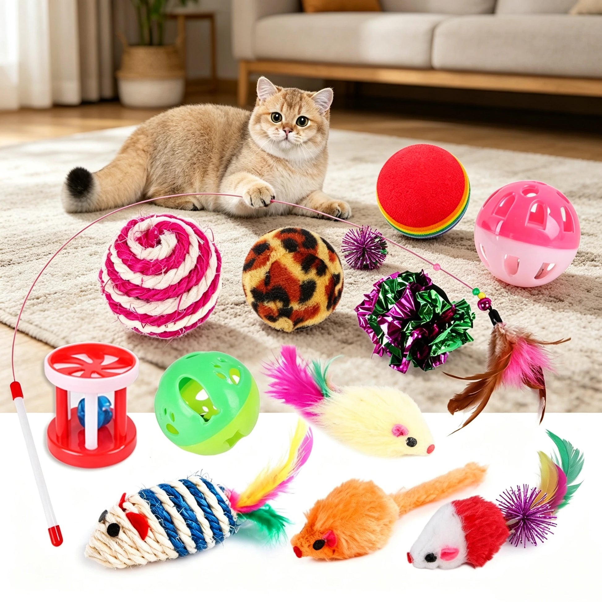 Cat Toy Set, Foldable Rainbow Tunnel, Feather Wand, Plush Mouse & Crinkle Ball, Indoor Interactive Toy Combo for Kittens
