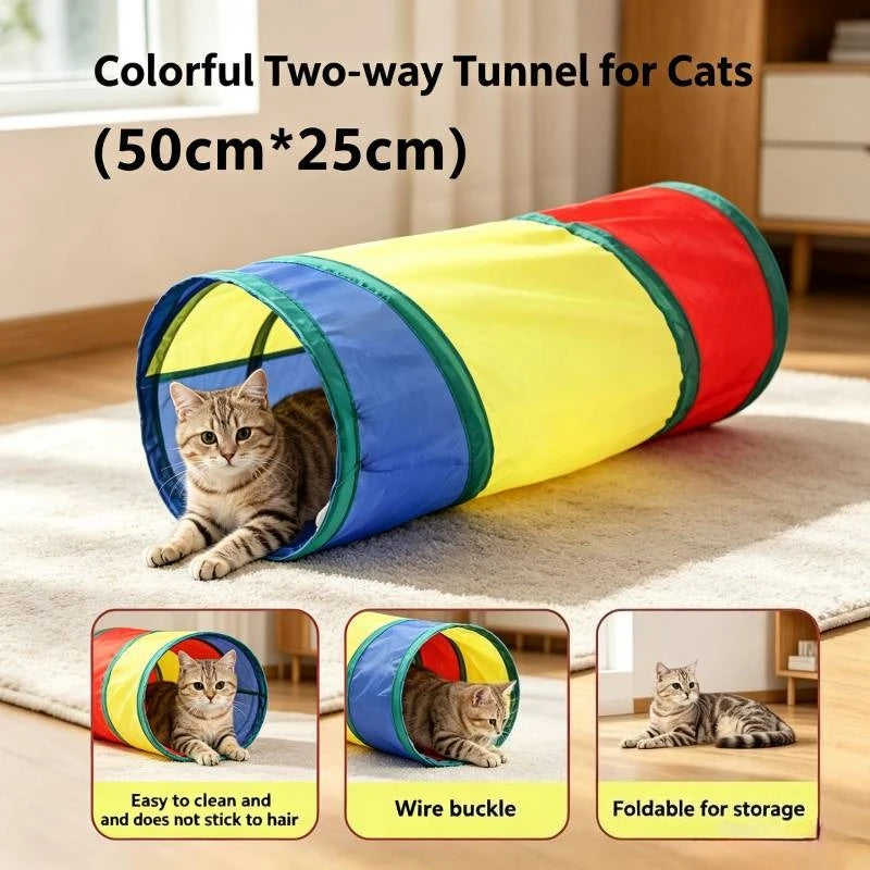 Cat Toy Set, Foldable Rainbow Tunnel, Feather Wand, Plush Mouse & Crinkle Ball, Indoor Interactive Toy Combo for Kittens