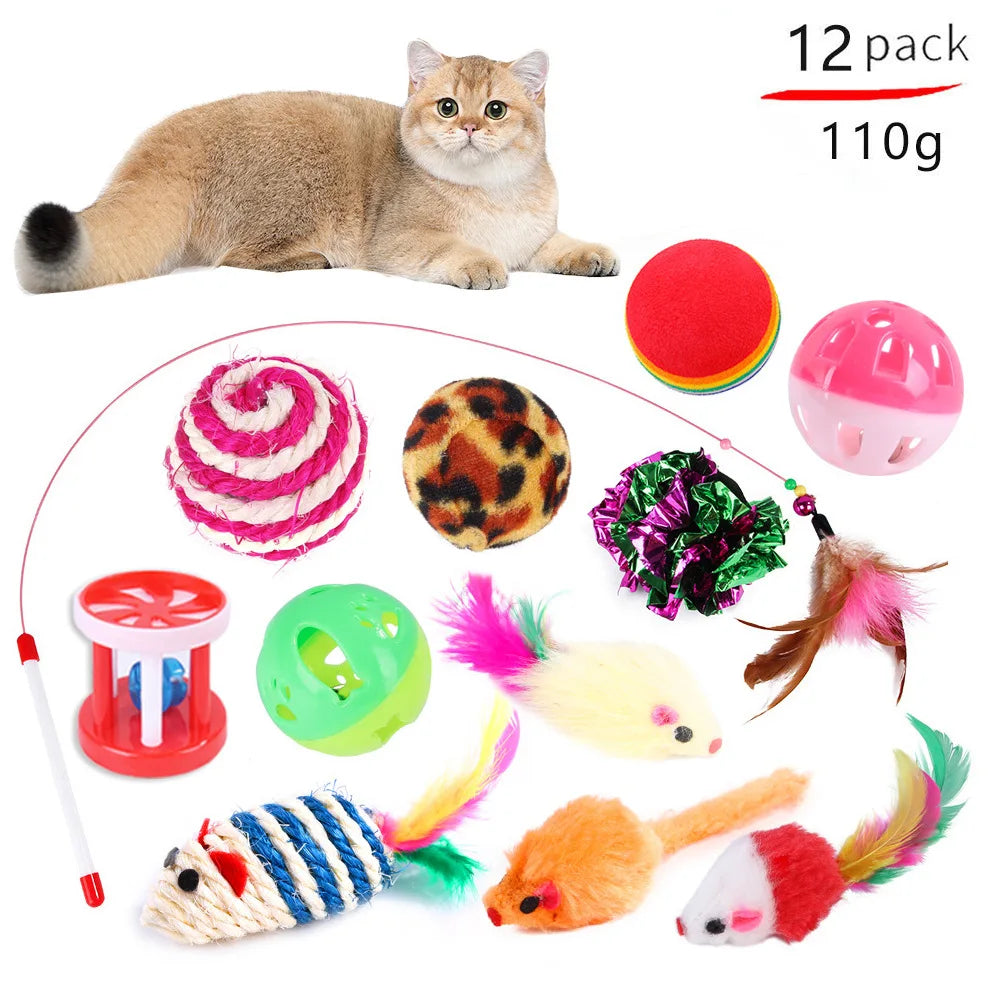 Cat Toy Set, Foldable Rainbow Tunnel, Feather Wand, Plush Mouse & Crinkle Ball, Indoor Interactive Toy Combo for Kittens