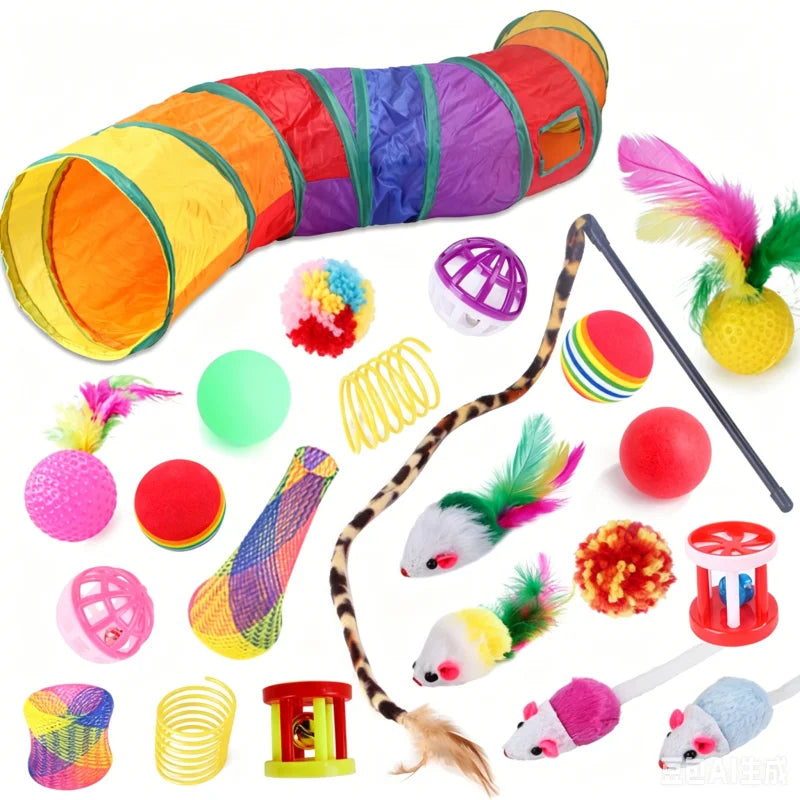 Cat Toy Set, Foldable Rainbow Tunnel, Feather Wand, Plush Mouse & Crinkle Ball, Indoor Interactive Toy Combo for Kittens