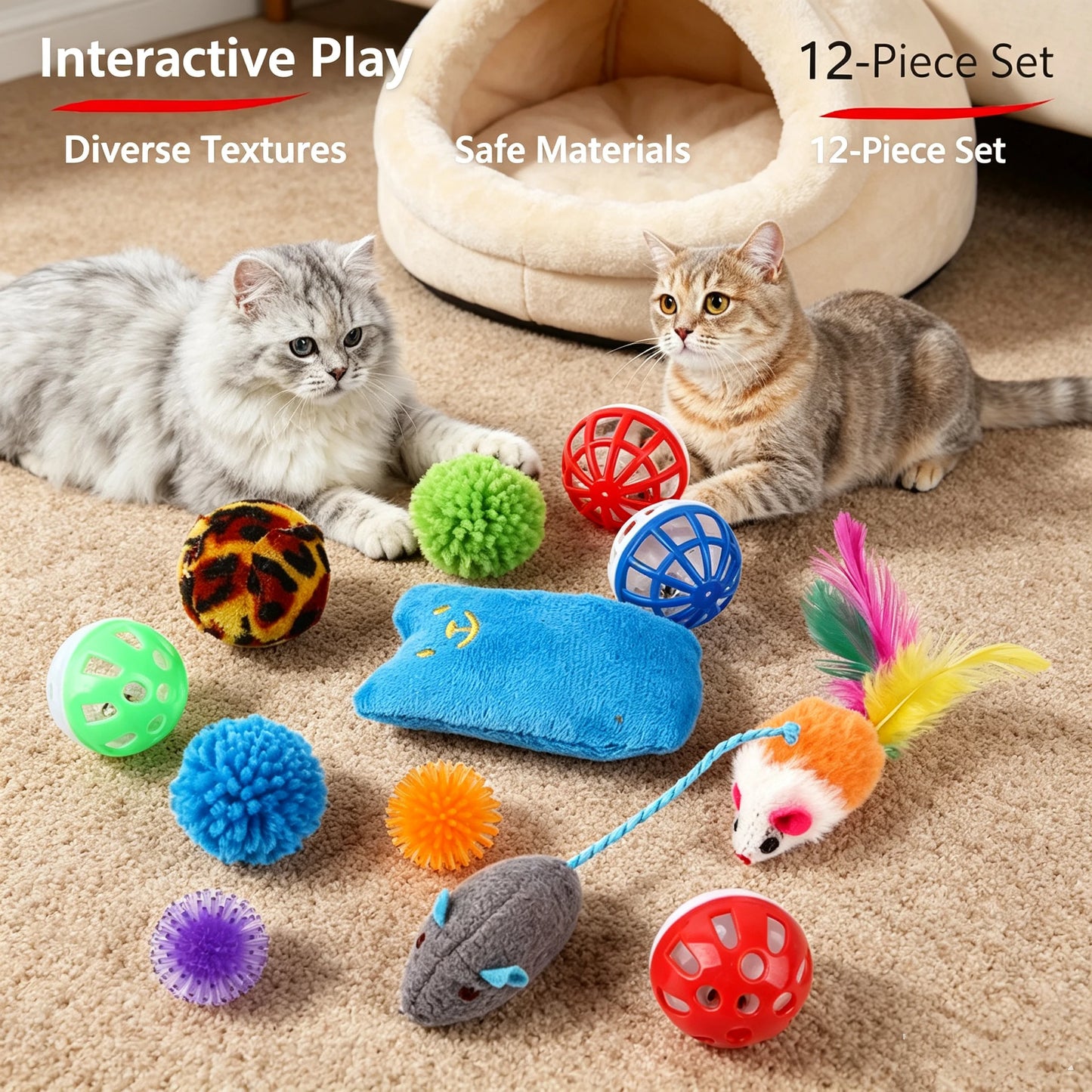 Cat Toy Set, Foldable Rainbow Tunnel, Feather Wand, Plush Mouse & Crinkle Ball, Indoor Interactive Toy Combo for Kittens