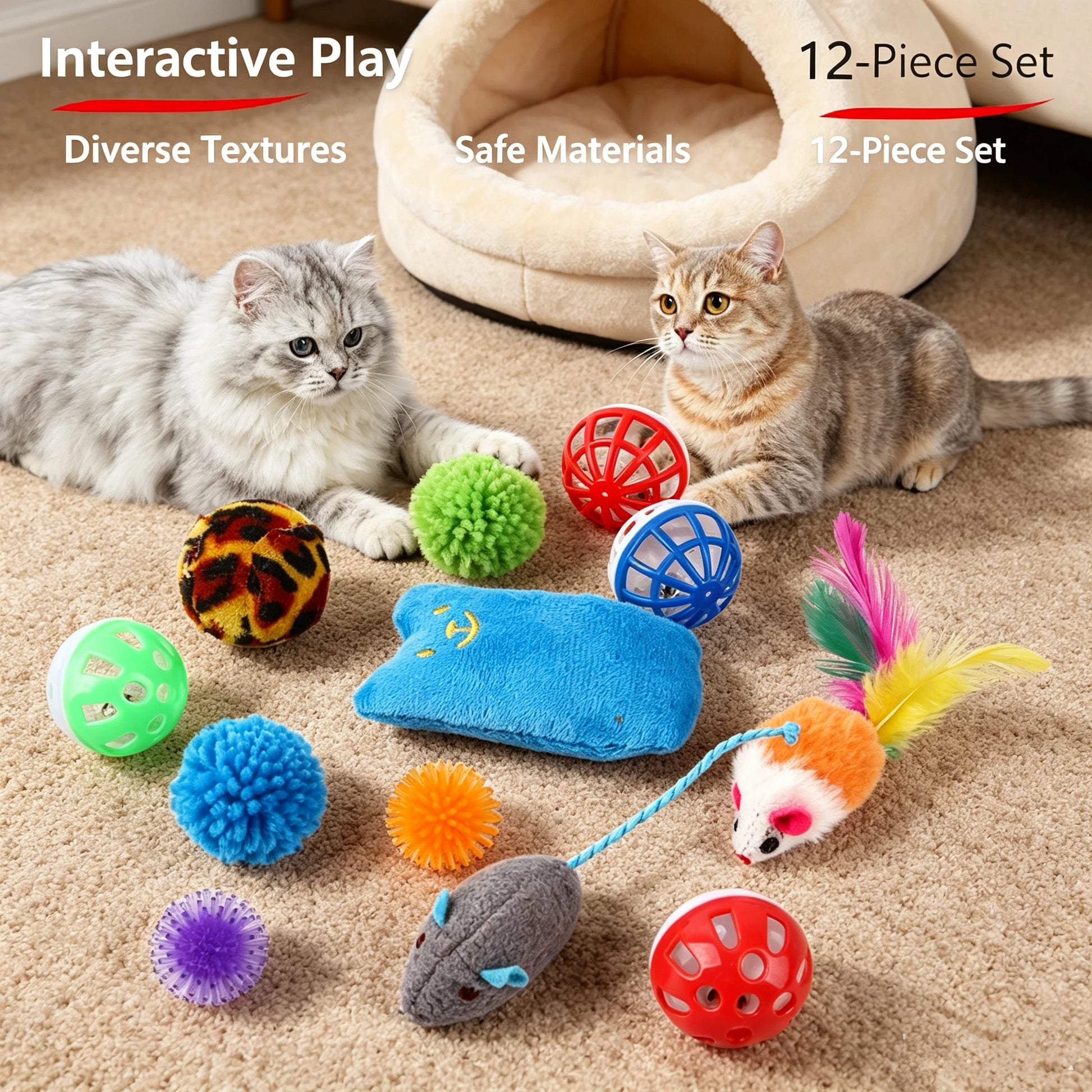 Cat Toy Set, Foldable Rainbow Tunnel, Feather Wand, Plush Mouse & Crinkle Ball, Indoor Interactive Toy Combo for Kittens