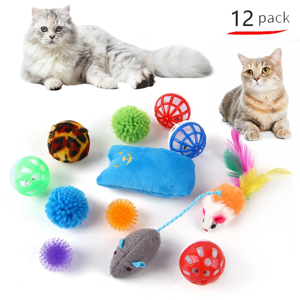 Cat Toy Set, Foldable Rainbow Tunnel, Feather Wand, Plush Mouse & Crinkle Ball, Indoor Interactive Toy Combo for Kittens