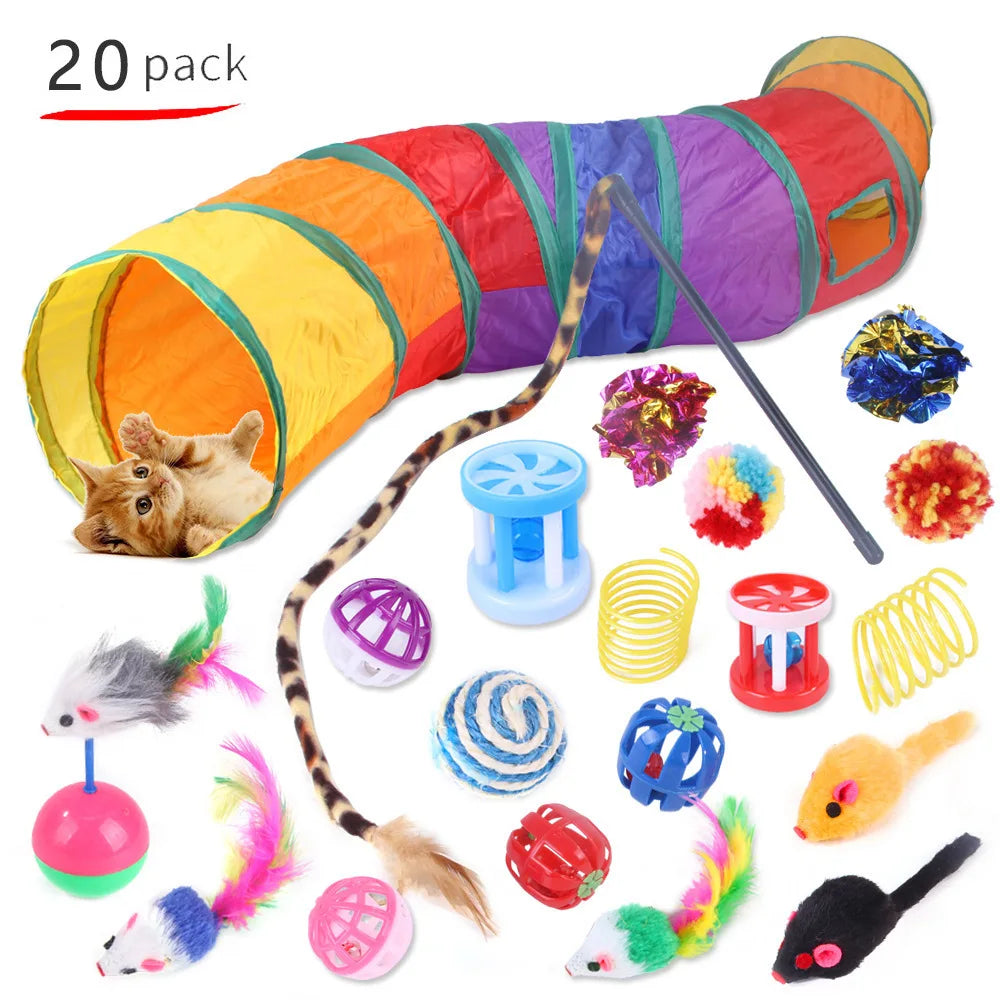 Cat Toy Set, Foldable Rainbow Tunnel, Feather Wand, Plush Mouse & Crinkle Ball, Indoor Interactive Toy Combo for Kittens