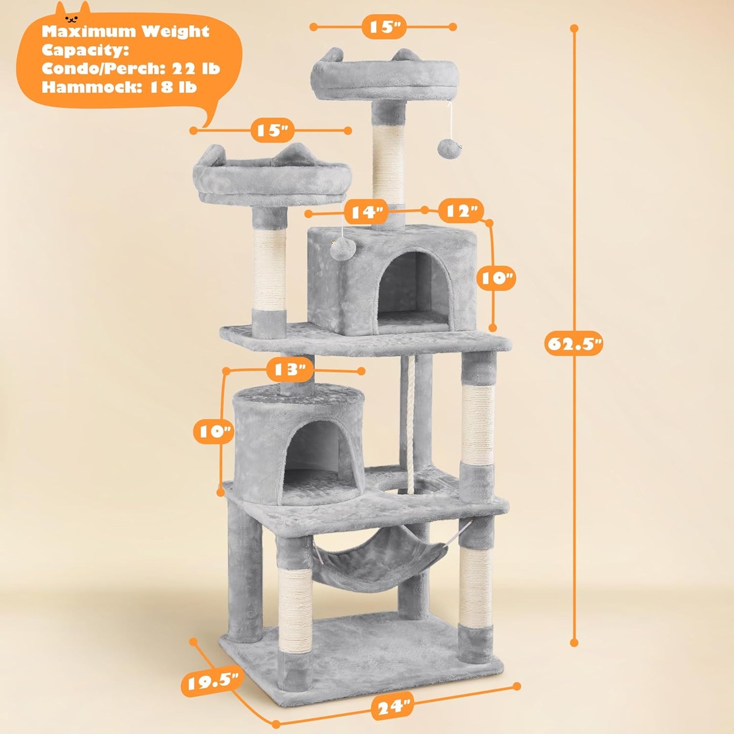 Yaheetech 62.5" Cat Tree Tower – Light Gray  Give your cat a cozy, multi‑level space to climb, scratch, and relax. This sturdy tower features sisal scratching posts, a plush hammock, and a soft perch perfect for lounging or window watching. Its neutral light‑gray design blends easily with any home décor while keeping your kitten entertained and comfortable.