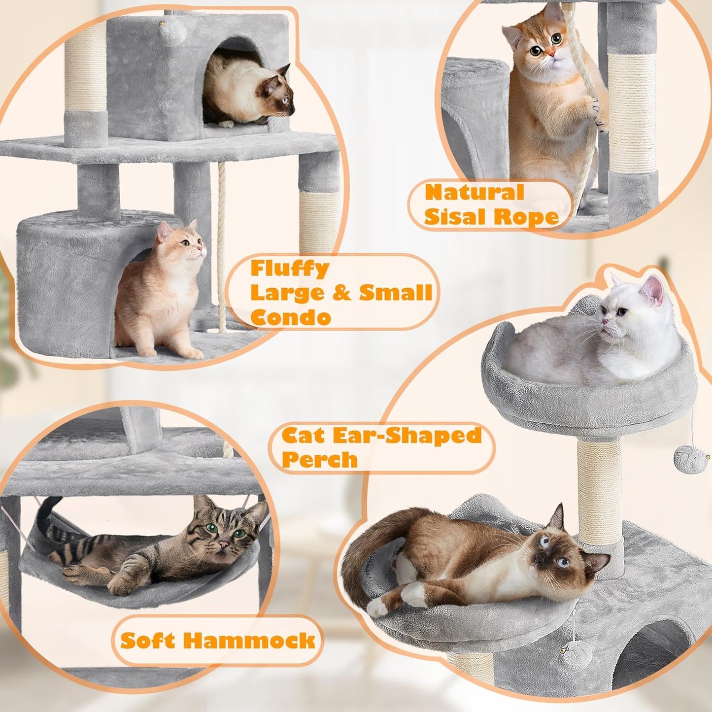 Yaheetech 62.5" Cat Tree Tower – Light Gray  Give your cat a cozy, multi‑level space to climb, scratch, and relax. This sturdy tower features sisal scratching posts, a plush hammock, and a soft perch perfect for lounging or window watching. Its neutral light‑gray design blends easily with any home décor while keeping your kitten entertained and comfortable.